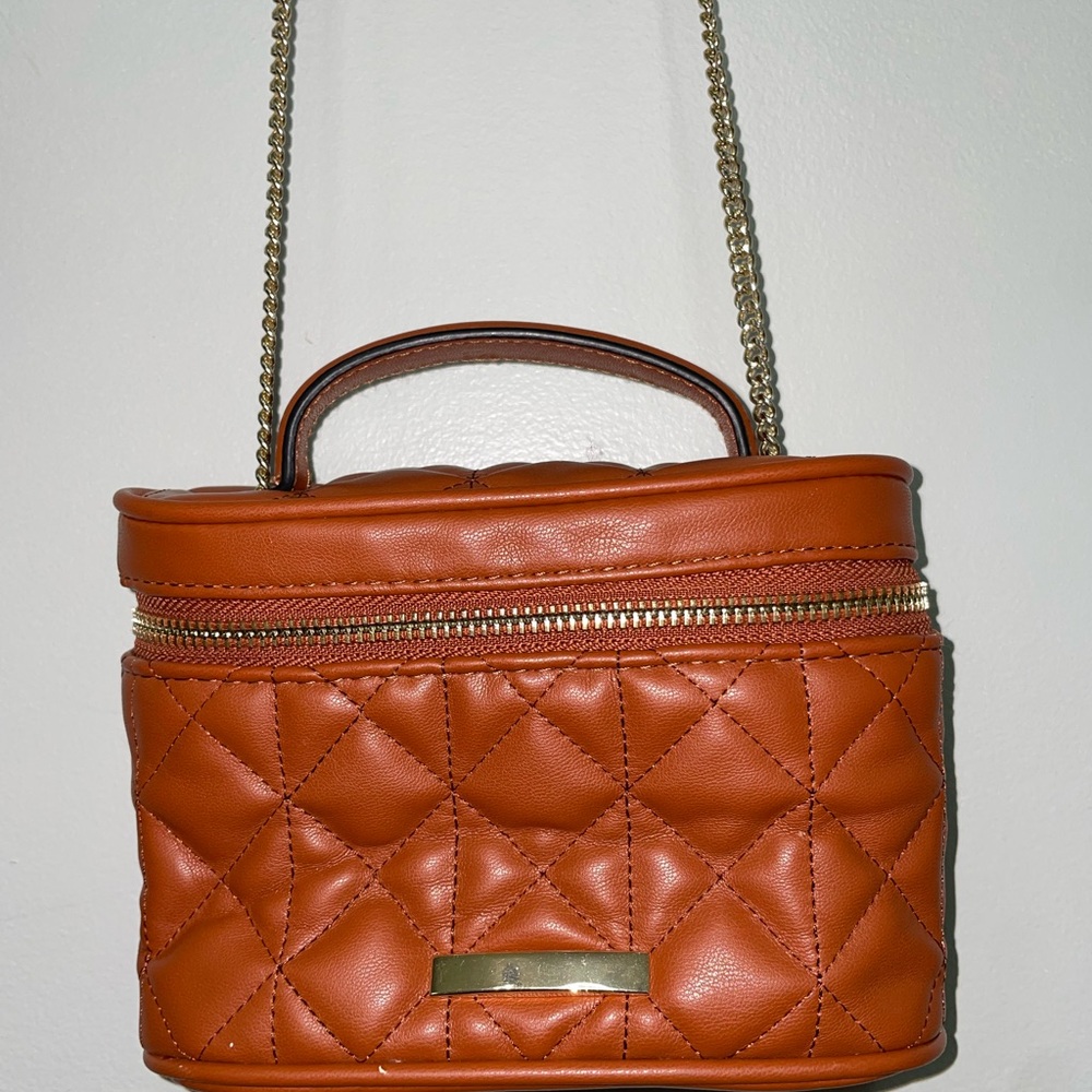 Tan Quilted Cosmetic Bag with Gold Chain